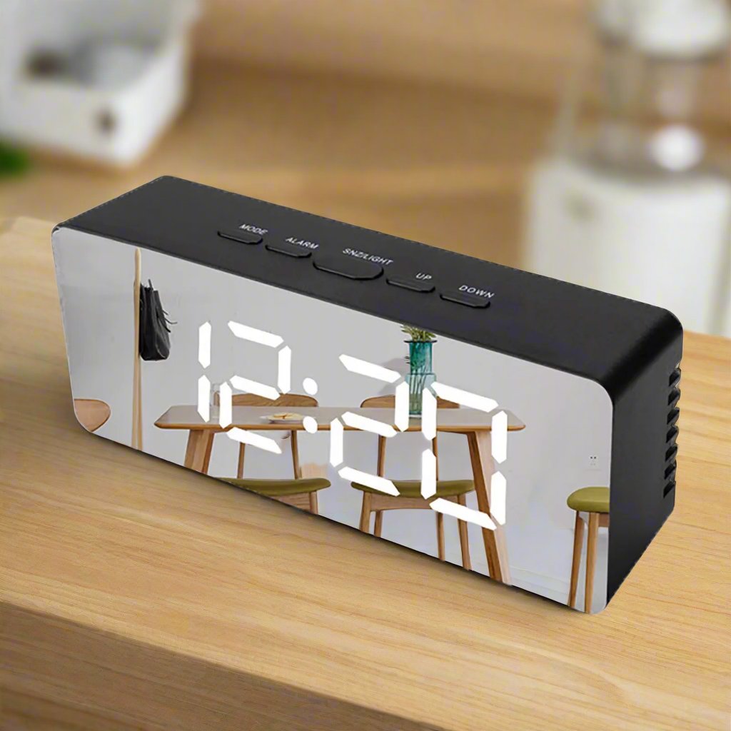 Ceas de masa, Zola®, digital, cu alarma si termometru, stil oglinda, 14 x 5.5 x 3.5 cm, negru Ceas de masa, Zola®, digital, cu alarma si termometru, stil oglinda, 14 x 5.5 x 3.5 cm, negru